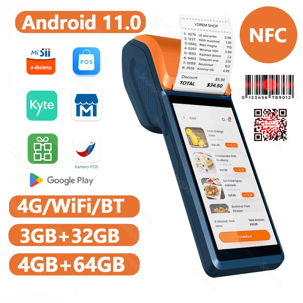 Soonpos 4G+64G Android 11 PDA Handheld POS Terminal With 58mm Thermal Printer 4G Bluetooth WiFi GPS 5.5 Inch Touch Screen NFC 2D