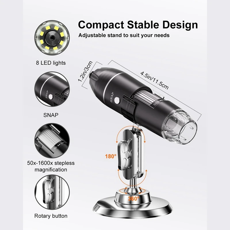Caméra de microscope numérique, microscope de poche à grossissement 50X-1600X, déterminer, 1 jeu