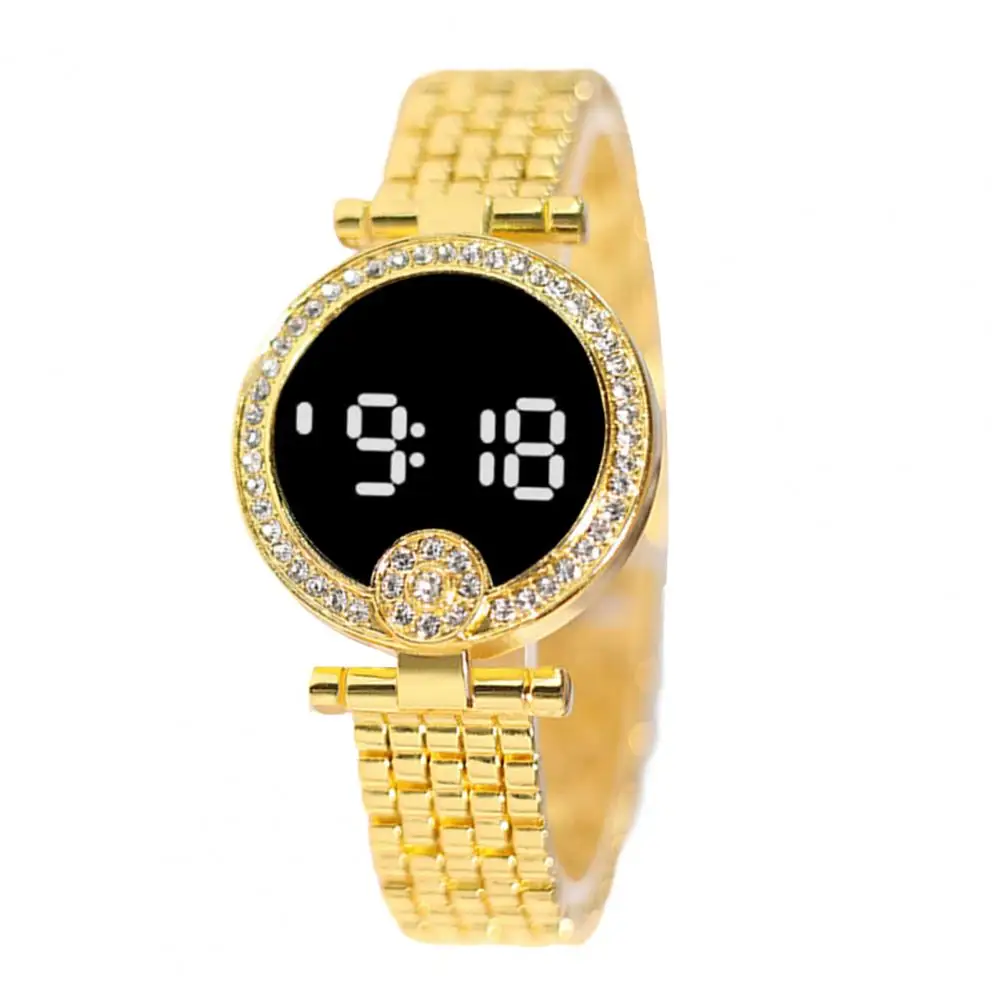 Stylish ABS Breathable Touch Control Men Women Fashion Round Rhinestone LED Digital Watch Electronic Watch Easy to Read