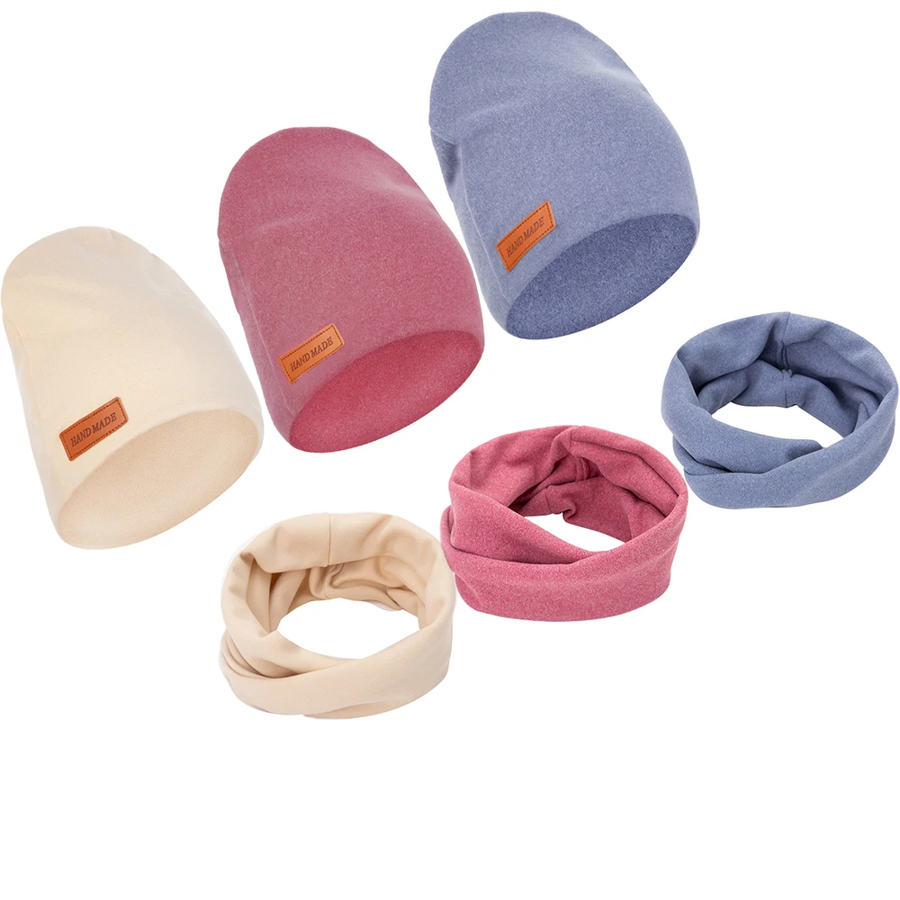 3Set/Lot Faux Cashmere Baby Turban Hats Scarf Set Newborn Kids Leather Stick Winter Double Layers Caps Bonnets Fashion Headwraps