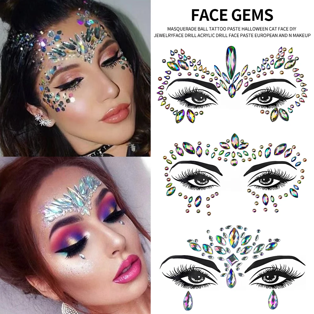 1pc 3D Face Eyes Party Makeup Tattoo Sticker Acrylic Diamond Rhinestones Sticker Self-adhesive Mixed Crystal Face Decor Sticker*