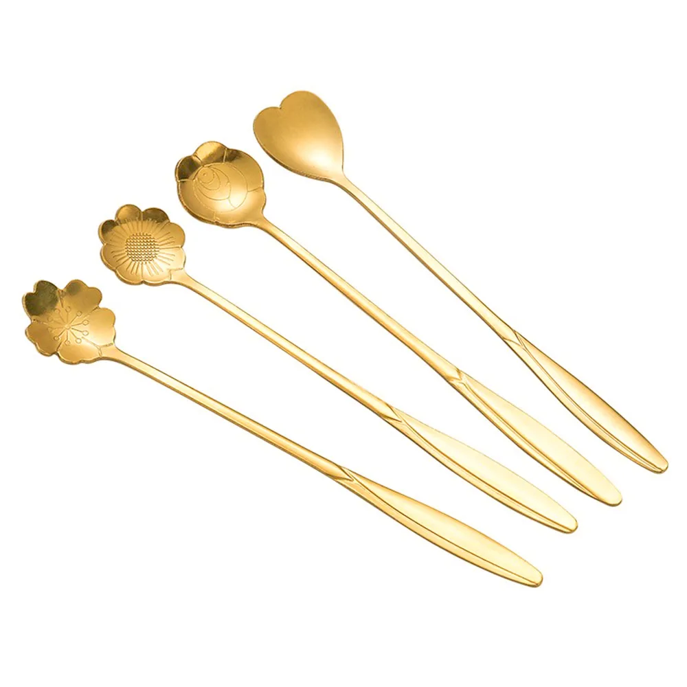 6pcs Stainless Steel Heart Rose Flower Gold Scoop Coffee Spoon Gifts Kitchen Dessert Dining Accessories Tableware Decoration Set