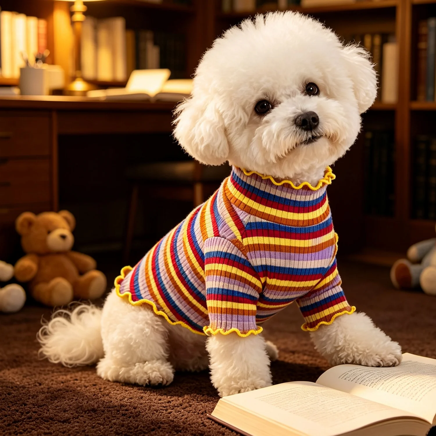Gestreiftes Strick-Hundehemd mit niedlichem Bärenmotiv, Haustierkleidung, weiches geripptes Welpen-Outfit für Bichon Frise und Teddy. – Detail 7