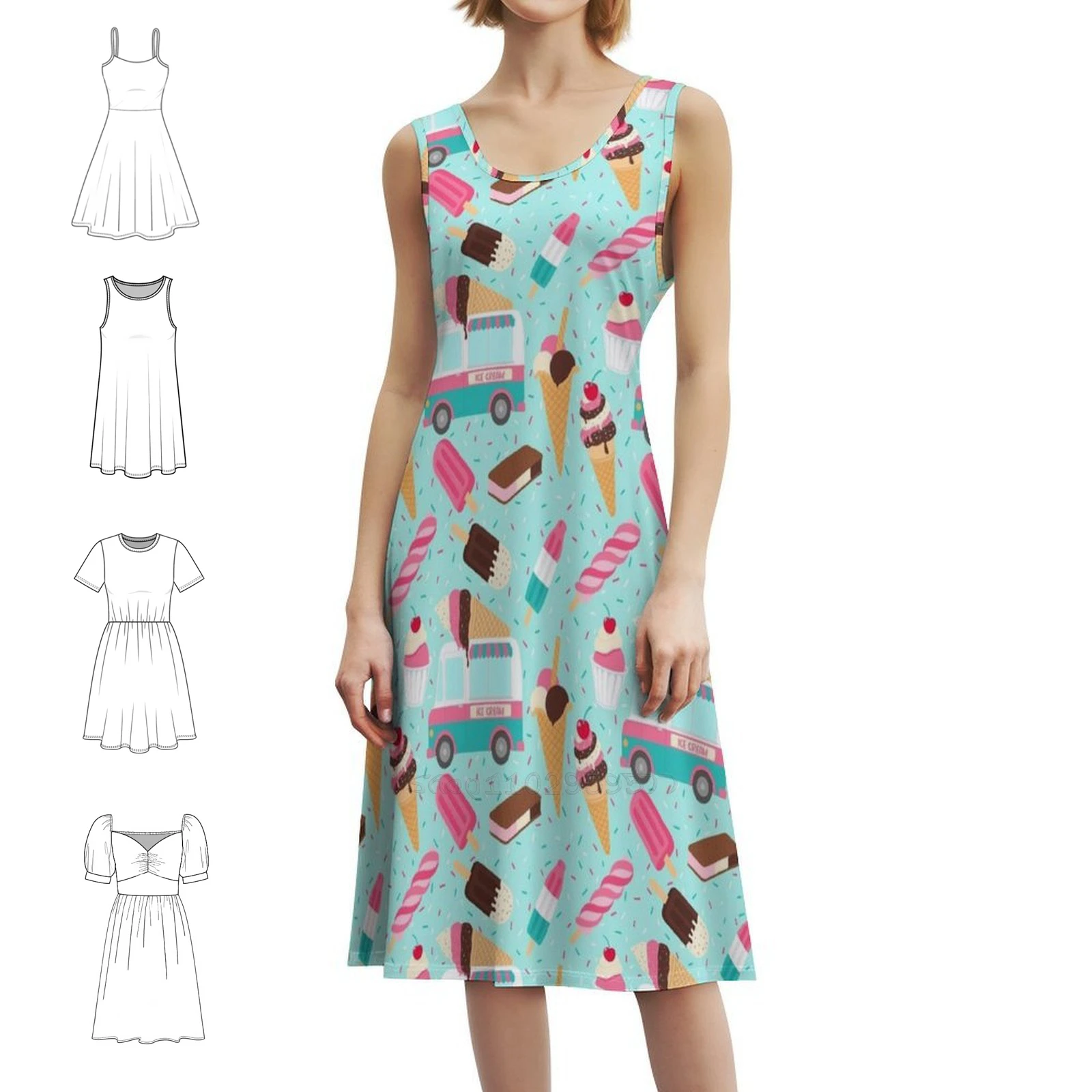 فستان بوهيمي بدون أكمام لشاحنة الآيس كريم للنساء، فساتين حفلات الشاطئ المطبوعة، شاحنة الآيس كريم، كسارة نارية صيفية للنساء #2