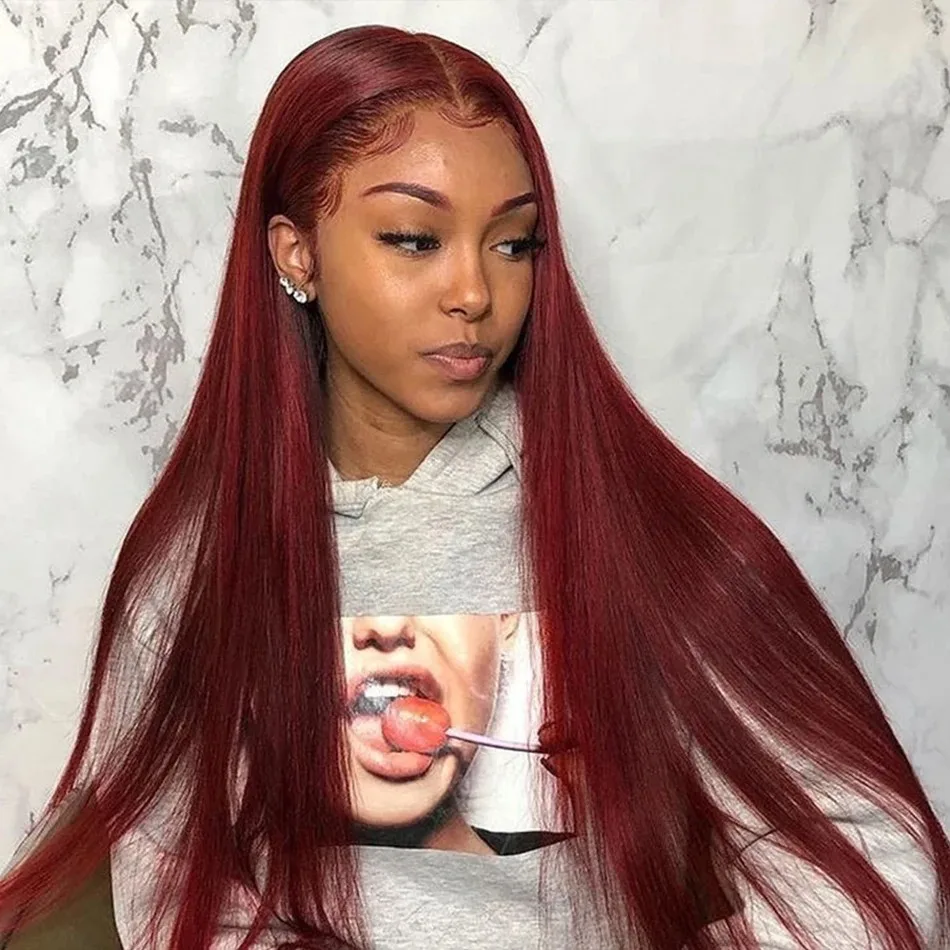 32 Inch Burgundy Lace Front Wig HD Tranparent Lace Front Human Hair Wigs Red Colored 99j Lace Wig 13x4 Straight Lace Frontal Wig