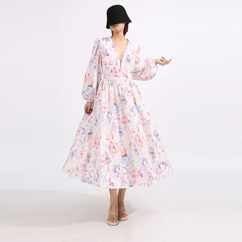 

Fashion Printing Big Swing Dresses Spring Women Lantern Sleeve V Neck Dress Autumn High Waist Casual Loose Knee Length Dress