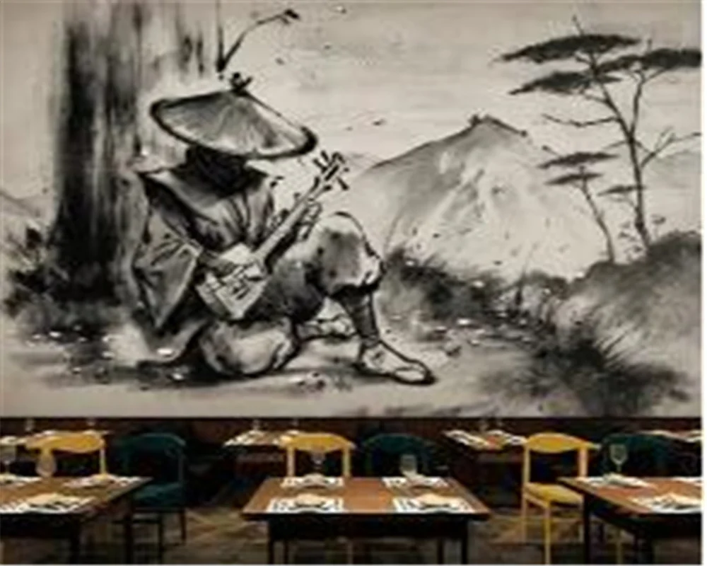 Milofi  Custom 3D black and white ukiyo-e painting samurai rahu restaurant tooling background wallpaper mural