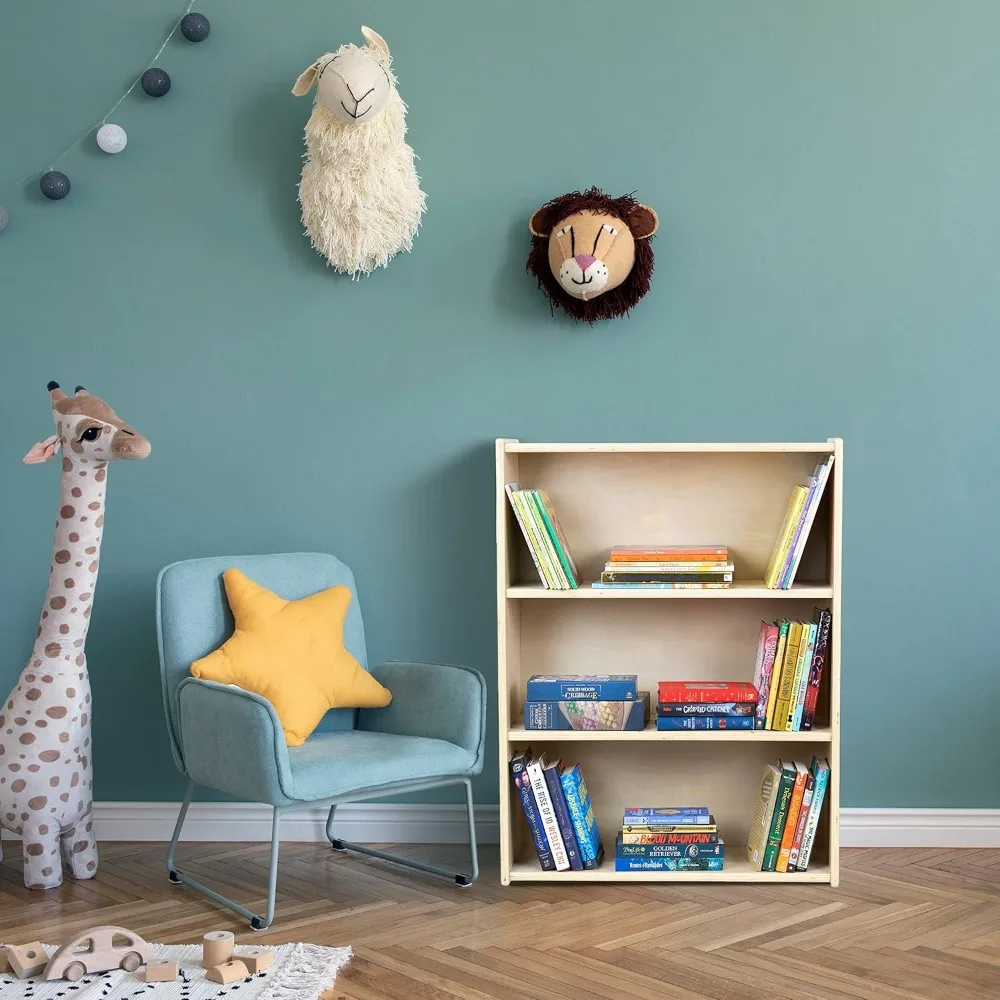 Librería de madera contrachapada de abedul estilo Montessori con 3 estantes para organización de artes y manualidades para niños pequeños