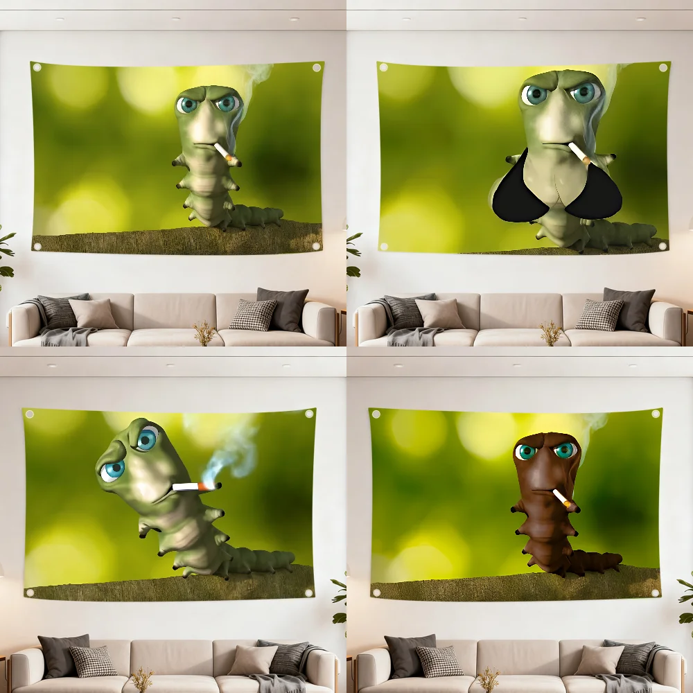 Funny cartoon caterpillar smoking meme Q flag Decoration Outdoor Picnic Party Art Hanging Home Camping Party Banner Best sellers