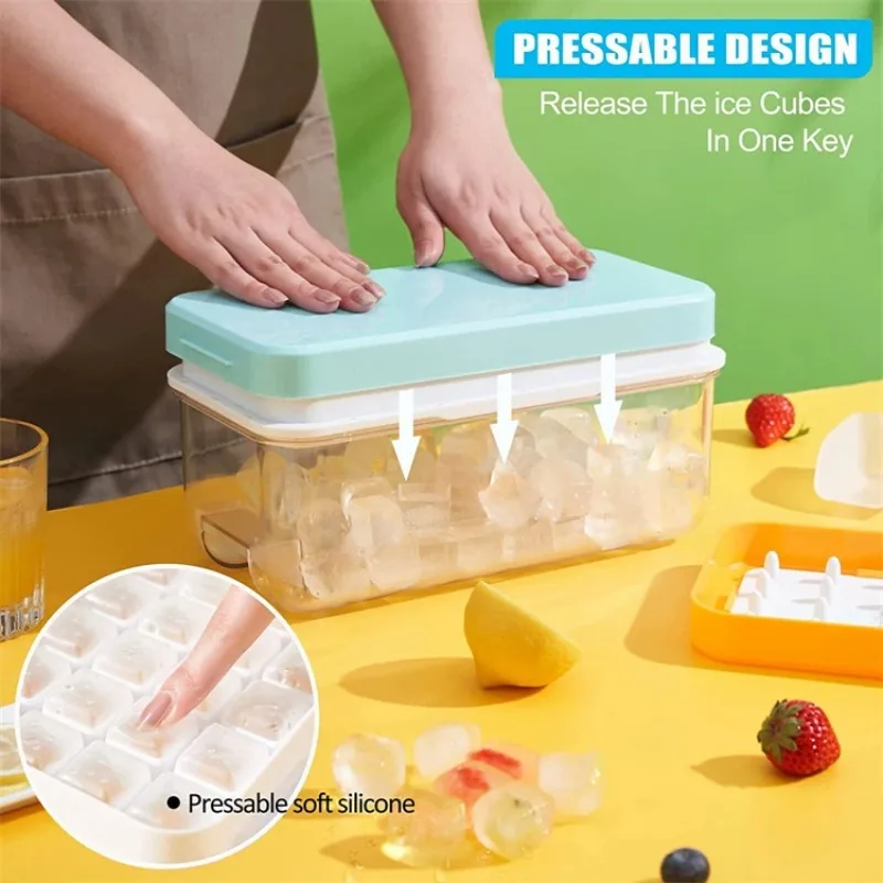 Press-Type Ice Cube Tray with Stackable 2 Ice Trays Silicone Ice Cube Molds Storage Box Easy Drink Coffee Whiskey Cocktail Maker