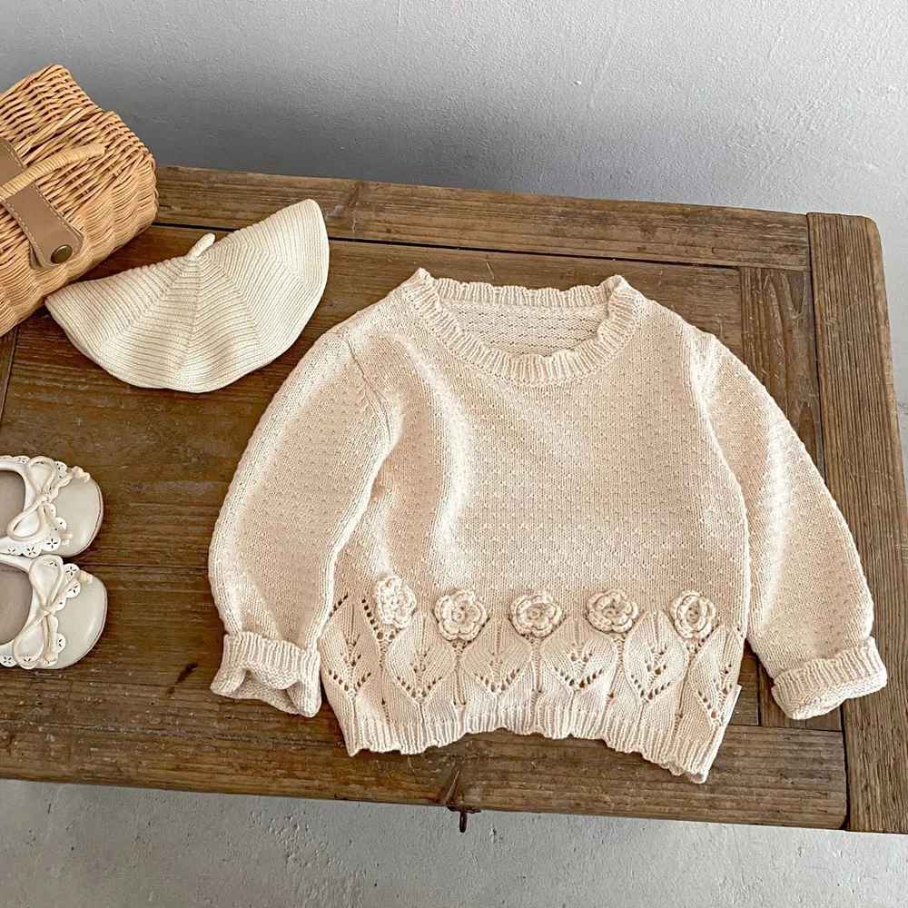 Autumn baby sweater knitted pullover baby girl clotheshollowed-out Hook woven flower vintage sweater