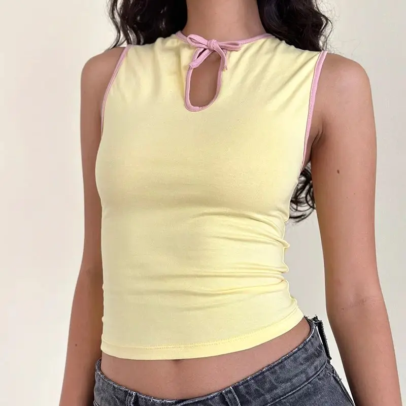 

Combhasaki Summer Women's Front Keyhole Crop Tops Sleeveless Lace-up Crew Neck Contrast Line/Plaid Print Slim Fit Tank Vest