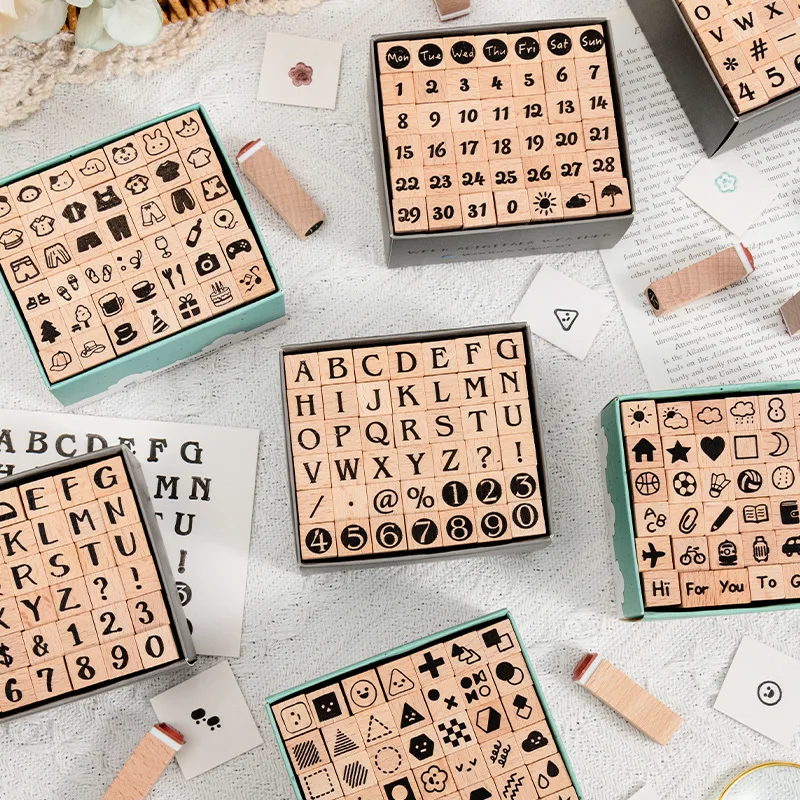 42 Wooden Seals with Numbers, Letters, Geometric Figures, Small Expressions, Happy Party Series Handbook Seals