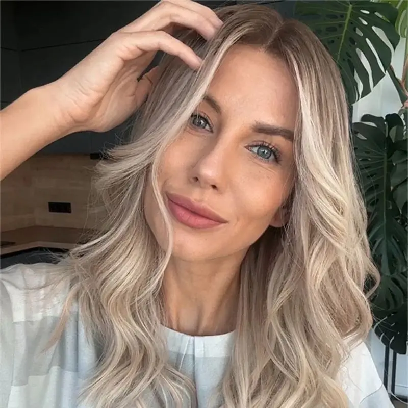 Real Wig Top Lace 16 Inch Short Wave Bob Ombre Platinum Blonde Highlights Balayage Luxury Synthetic Lace Front Wig for Women