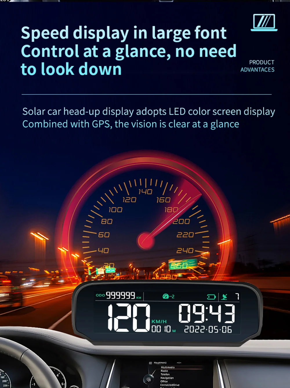 Head-Up-Display Neues Auto-Messgerät X100 Solar Drehzahlmesser mit Höhen- und Geschwindigkeitsalarm Windschutzscheiben-Projektor GPS Multifunktion X98 – Detail 5