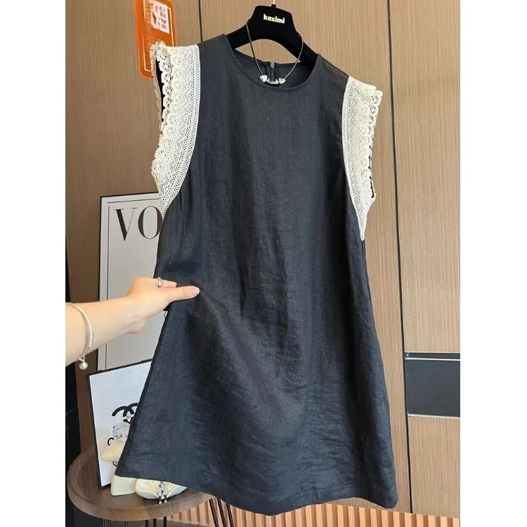 

High-End Summer Lace Trim Fly Sleeve round Neck Cotton Linen Vest Dress Women's Casual Loose Fit Style No Brand Registered Tr...