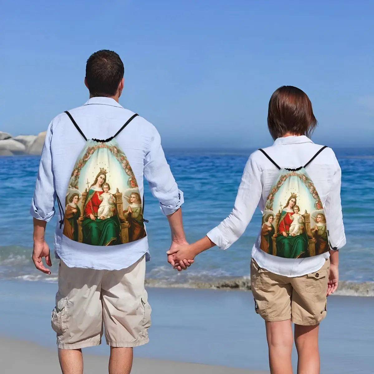 Mochila personalizada de la Virgen María con cordón para hombre y mujer, bolsa ligera católica y cristiana para gimnasio, saco deportivo para ir de compras