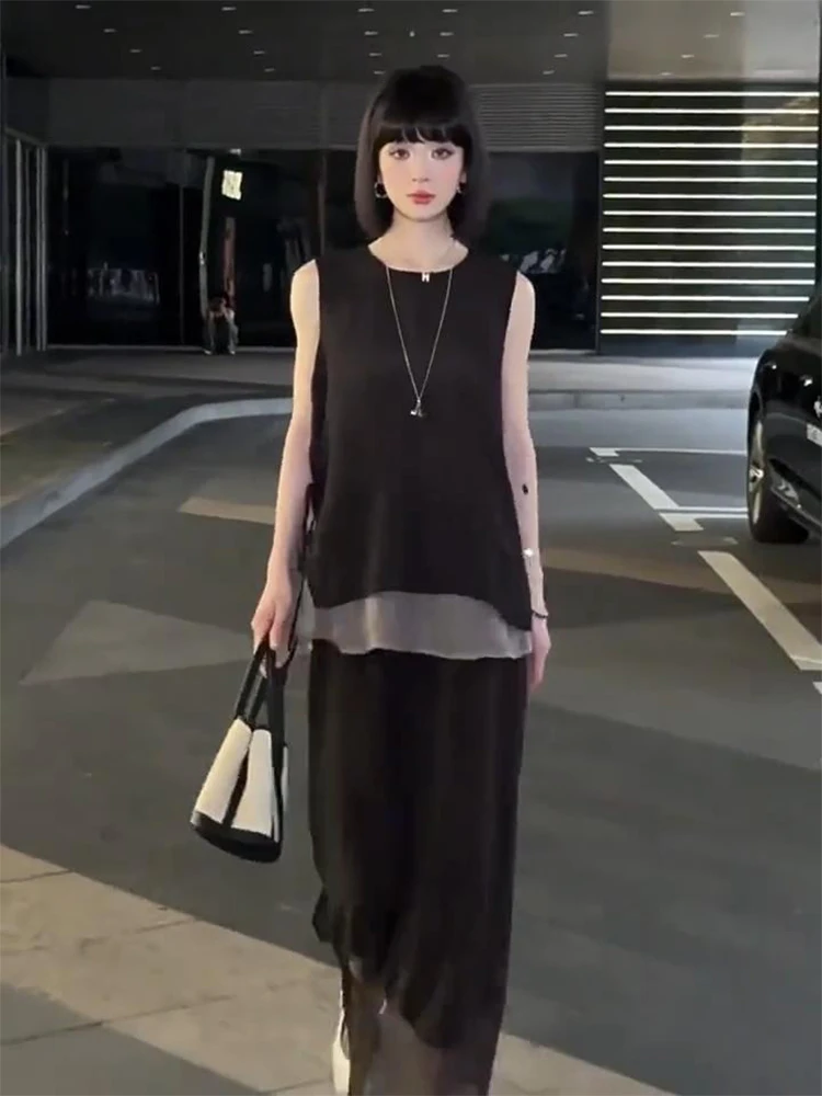 

Korean Style Summer New Arrival Sleeveless Two-Piece Set High Waist Long Skirt Comfortable Loose Fit round Neckline