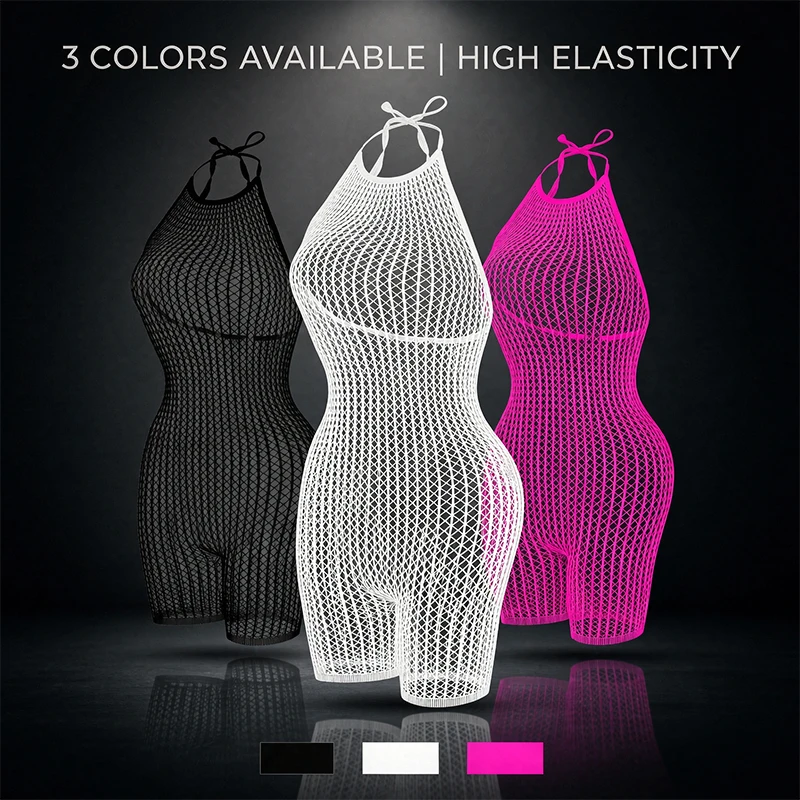 Sexy Mesh Sheer Bodycon Dress - セクシーな女性用、網目模様のシースルー素材の、背中が大きく開いた、袖なしのボディコンシャスドレス。ビーチウェア、水着の上に着用できるカバーアップ。ビキニは含まれません。
