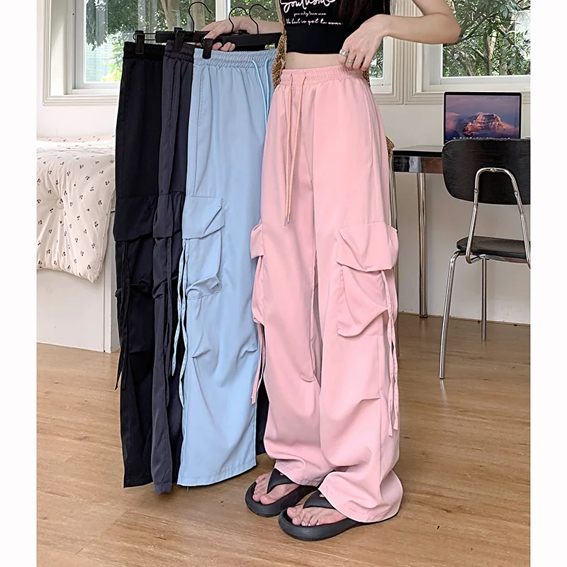 2025 Ins Fashion Lady High Waist Trousers Girls Streetwear Loose Fit Cargo Pants Women Korean Solid Color Wide Leg Pants