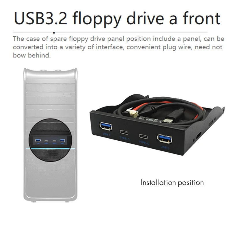 ABRU-Floppy Drive Bay Panel USB3.2 GEN2 TYPE-C Floppy Drive Bay 10Gbps Panel 3.5In HUB 19PIN To C Port Forward Backward Plugs