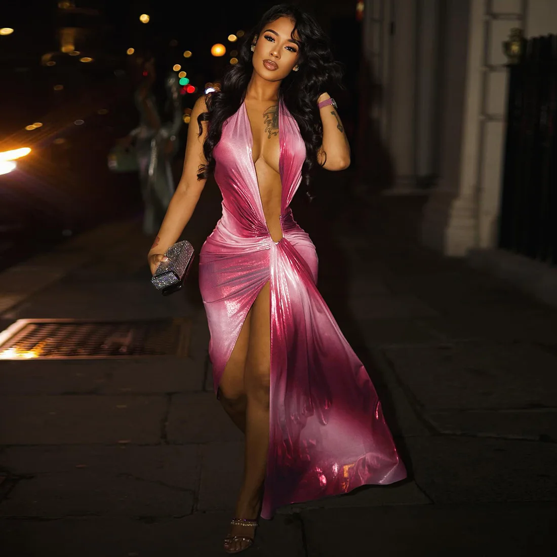 

Tie Dye V Neck Dress Evening Club Dresses 2025 Women Autumn Sexy Bodycon Maxi Dresses Party Elegant Evening Prom Dress