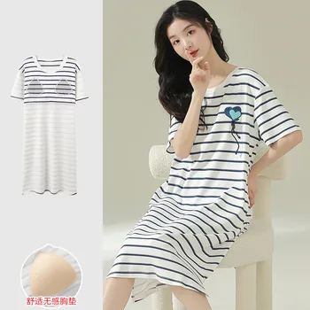 여성용 캐주얼 잠옷 원피스, 순면 가슴 패딩 잠옷, 루즈 홈 의류, 숙녀 잠옷, 여름 신상 