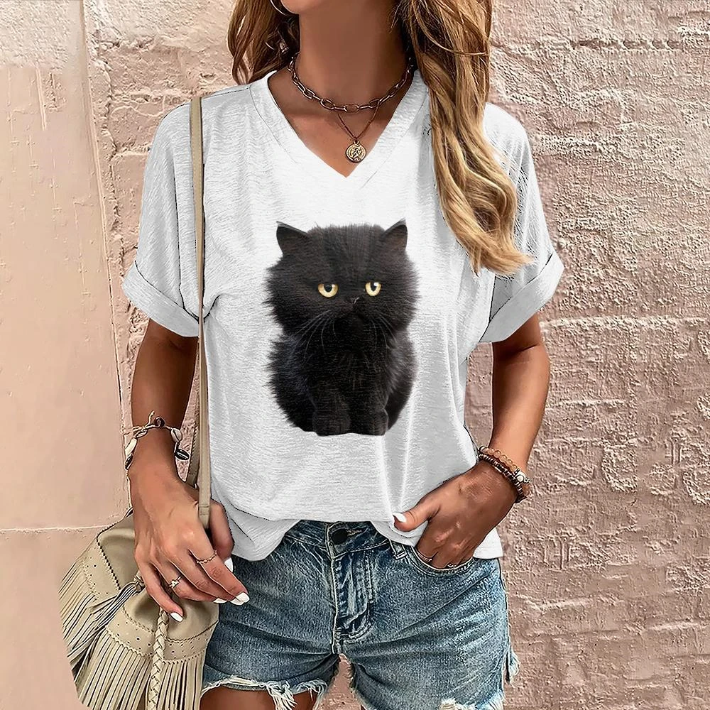 

Summer Women's T Shirt Cat Print Casual Short Sleeve 3D T-Shirts Fashion Street Wear V-Neck Pullover Female Oversized Clothing