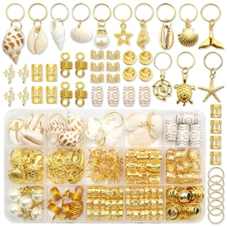 

149Pcs Shell Hair Jewelry Gold Loc Cuffs Rings Natural Conch Starfish Braids Clips Pearl Dreadlock Charm Hair Tube Beads Access