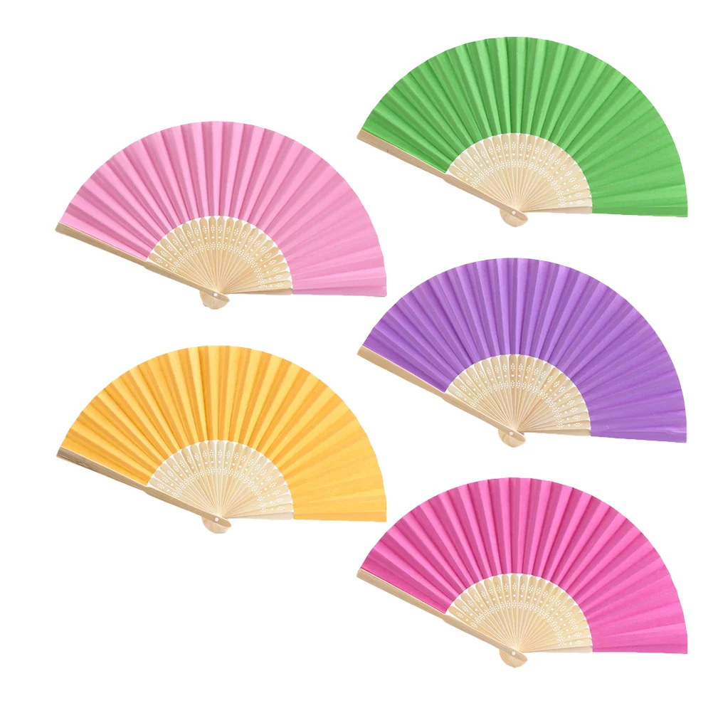 5pcs Handmade Paper Folding Fans Bamboo Hand Held Fan Gift Party Favors DIY Decor for Kids (Green, Purple, Pink, Rosy, Yellow)