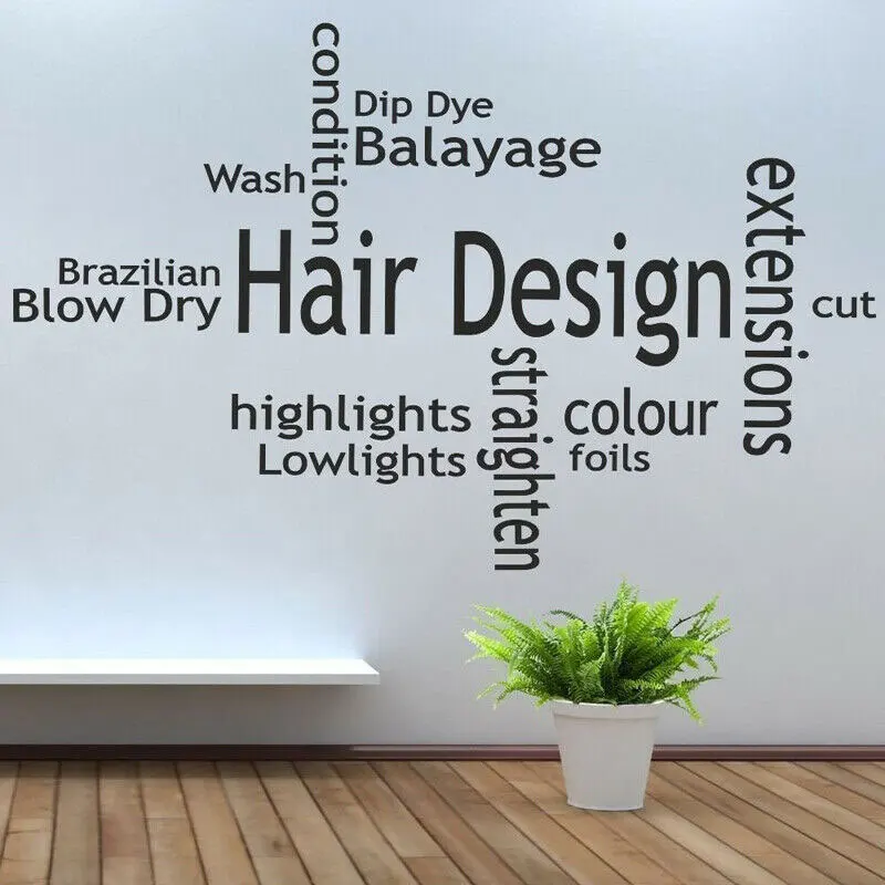 Hair Design Word Cloud Wall Sticker Balayage Colour Extensions Barber Shop Beauty Spa Decor Removable Text Mural 3A40