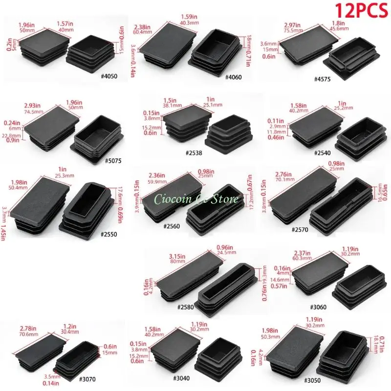 X90F 12Pcs Black Plastic Rectangle Blanking End Caps Tube Pipe Insert Plug Furniture Leg Tube Insertion Plug Enduring
