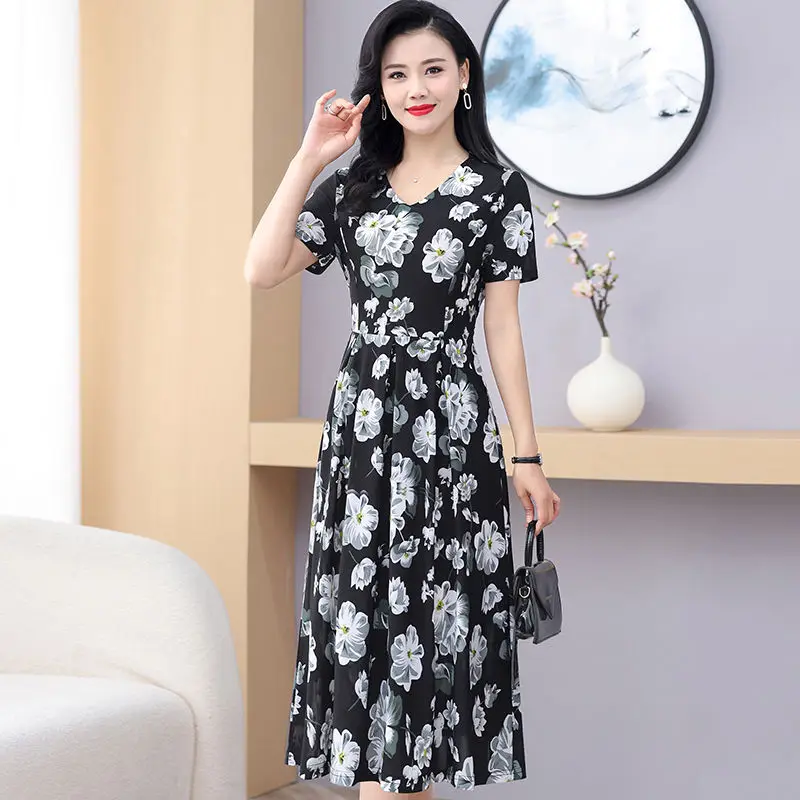 Sommer New Faion Print Ort Sve Knielanges Midi Dr. Ele Godd Personali High-End Casual Floral Dr