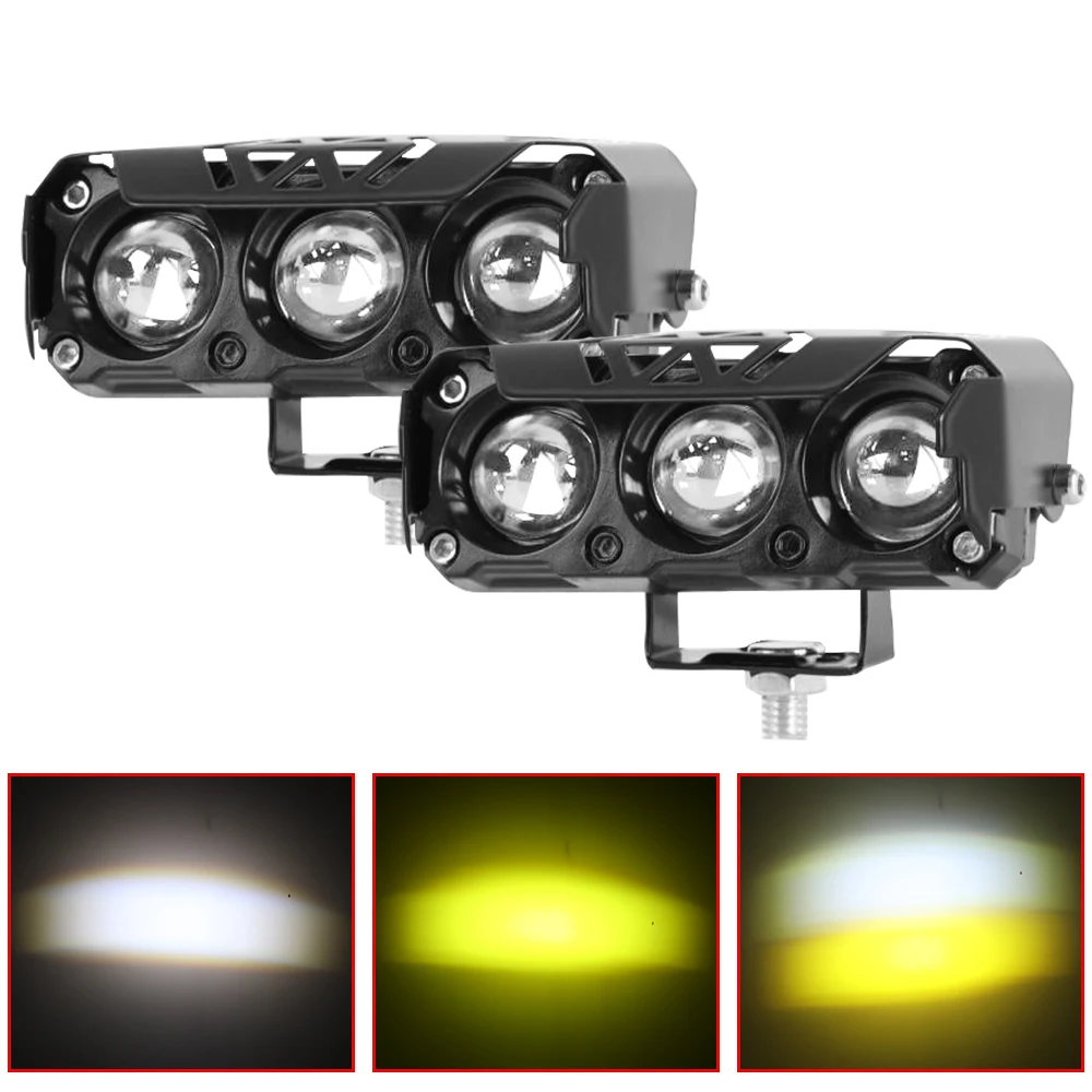 3 Lens Dual Color Motorcycle LED Spotlight Beam 12V Work Light Universal Motorbike Scooter Truck Fog Lamp Driving Headlight