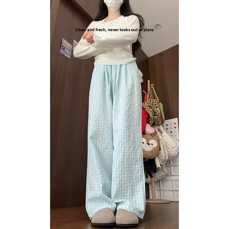 Salted Sea Blue Casual Pants Women's Spring Summer New Sle Slimming Versatile Lazy Wide Leg Pants Sweet Sle High Waist St...