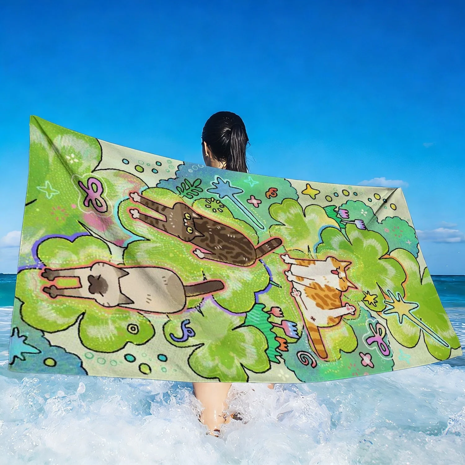 1pc, Cat and Dreamy Greenery Style Soft Towel, Suitable for the Beach, Cute Animal Print Pattern, Microfiber Bath Towel