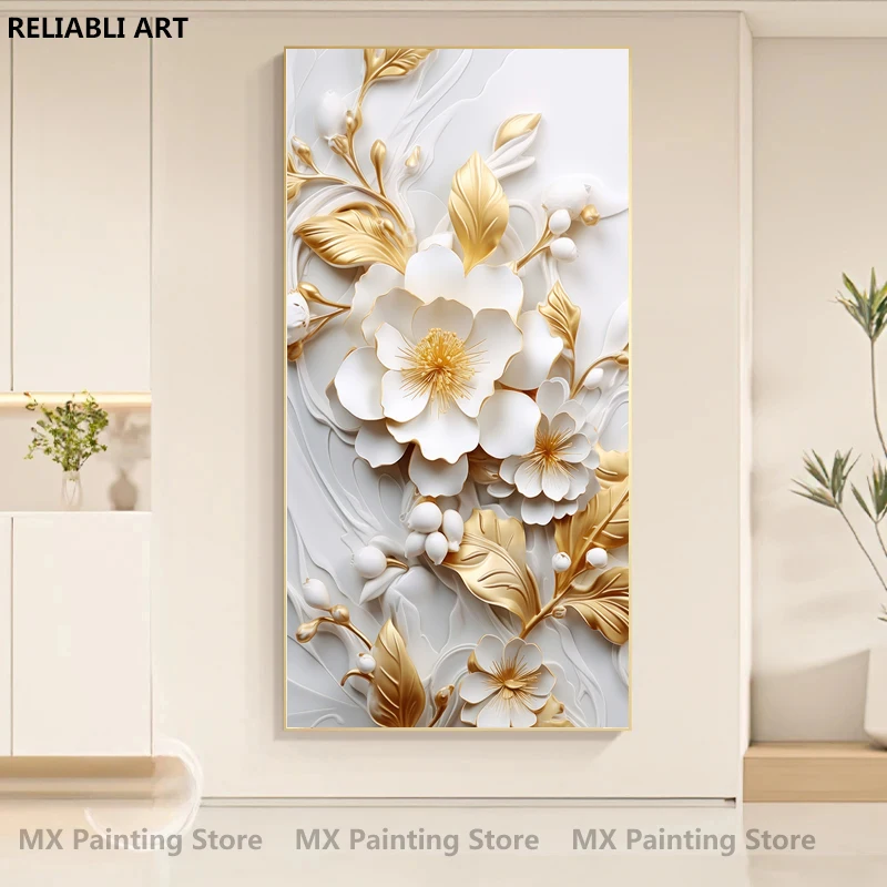 

3d Golden Flowers Marble Background Canvas Painting,Abstract Art Floar Poster,Home Decor,Wall Art Picture Room Decor Unframed