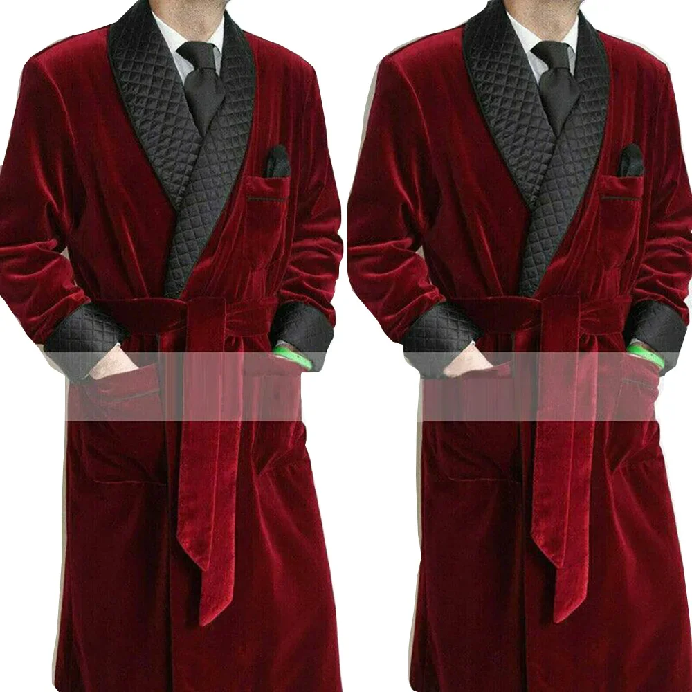 Luxury Burgundy Men\'s Long Jacket Black Shawl Lapel Double Breasted Velvet Smoking Male Coat Casual Slim Fit Handsome Outerwear