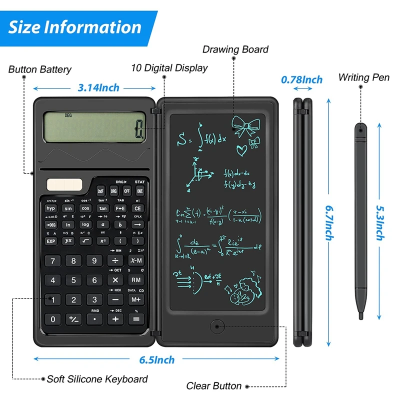 Calculadoras científicas de 1 pieza, tableta de escritura borrable para la escuela, regreso a la escuela, color negro