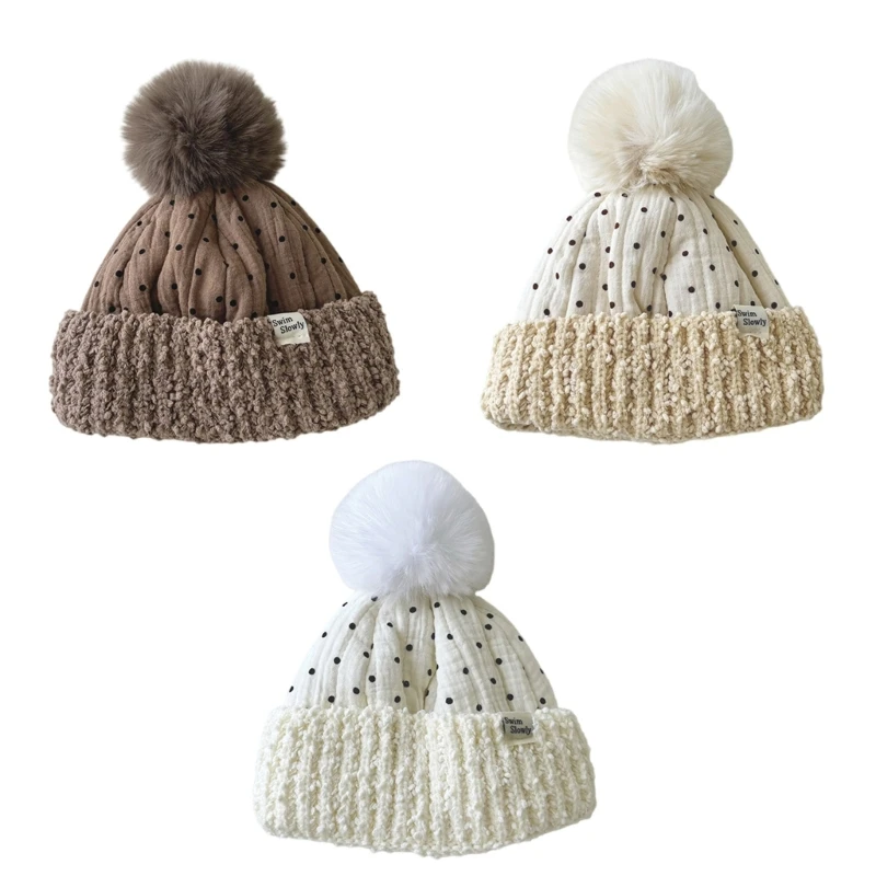 

Large Pom Hat Thick Warm Baby Bonnet for Infant Boys Girls Bonnet Dot Decor Dropship