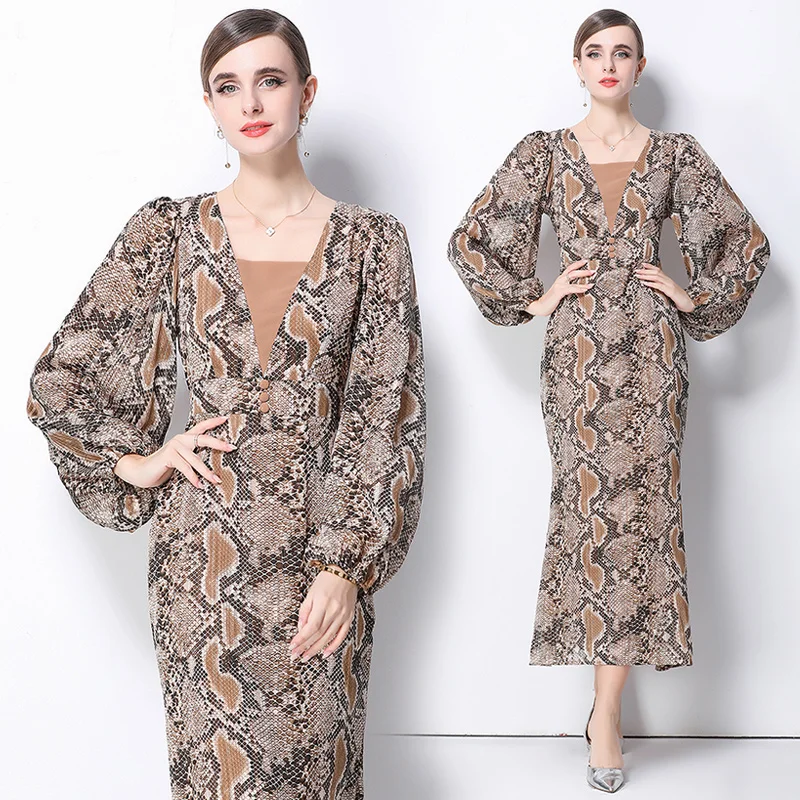 Women's Retro Snake Print Fierce Fashion Vibe Dress V-Neck Puff Sleeve A-Line Slim Fit Autumn Winter Eye-Catching Chic Dress