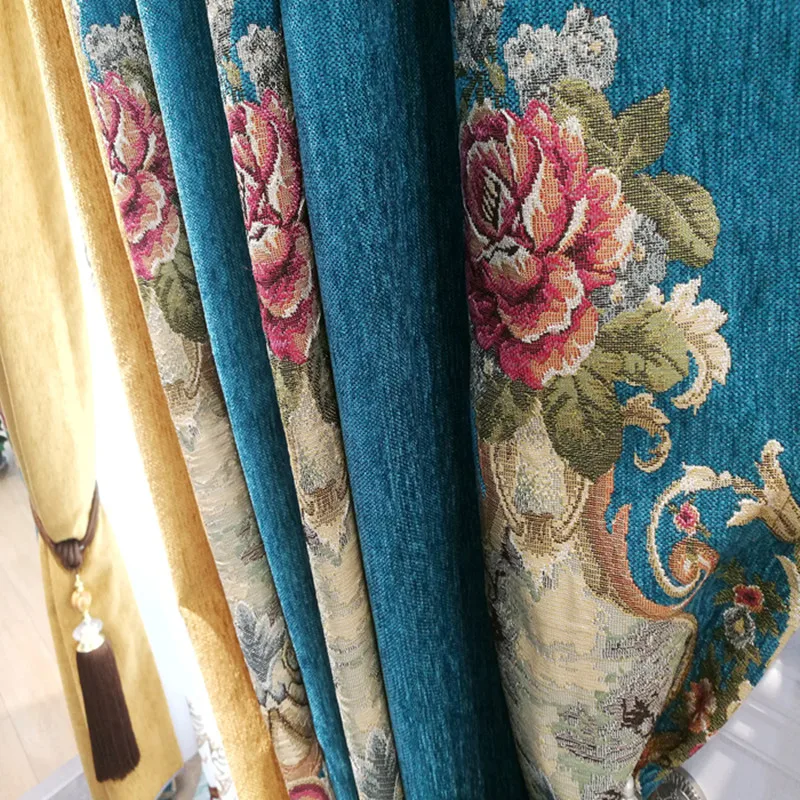 Luxury European Style Curtains for Living Room Bedroom Dining Room Emerald Blue Blackout Curtains Chenille Customized Curtains