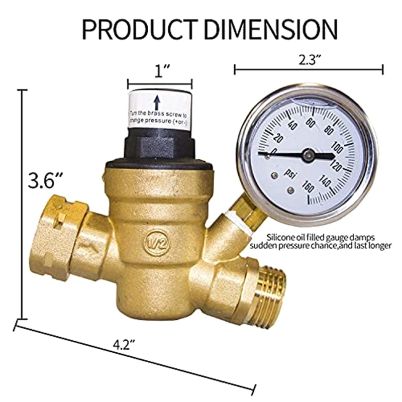 RV Water Pressure Regulator Valve Brass With Gauge And Inlet Screened Filter For Camper Trailer