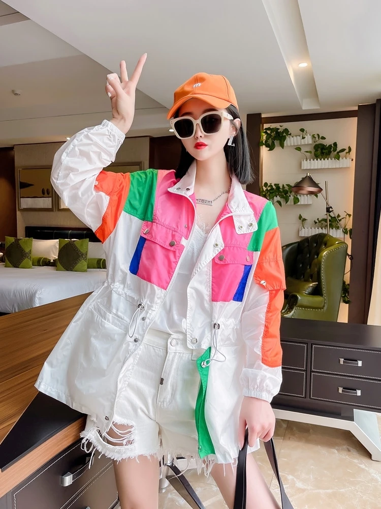 2023 Spring Women Patchwork Jacket Hooded Windbreak Coat Big Pocket Fashion Spliced Loose Zipper Female Sunscreen Coat