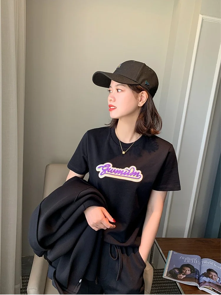 

Heavy Embroidery Print Summer ort Sve T-irt Women's Trendy Hong Kong Sle Design plus Size White Bla Cotton 00%