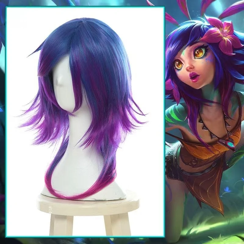 

Game LOL the Curious Chameleon Neeko Cosplay Wig Mixed Color Short Straight Women Wigs Heat Resistant Synthetic Hair Rose net
