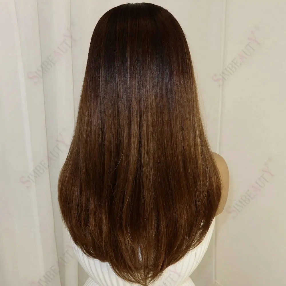 Schwarze Damen-Seidenperücken, glatt, 100 % Echthaar, V-Teil-Perücken, Ombre, Chestnut Brown, einfache Anbringung, kleberlos, 1x4 Größe, U-Teil-Perücken, verstellbar – Detail 4
