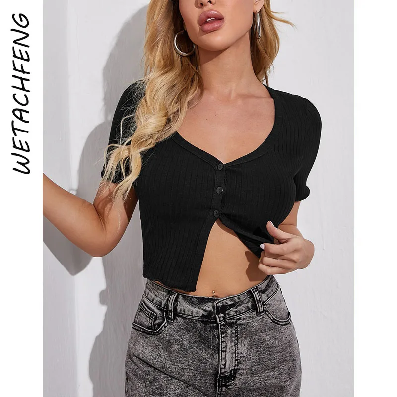 

Black Knitted Ribbed Short Sleeve Button Blouses Women 2022 Fashion Elegant Crop Tops Summer Casual Y2K Slim T Shirts Clothes