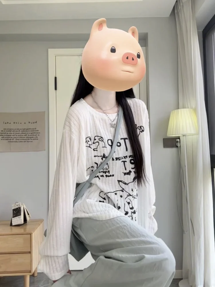 Koreanische Sle fiti Print Lose Fit Leichte Lange Sve Gestrickte Top frauen Sommer Sonnenschutz T-shirt Casual Faul S...