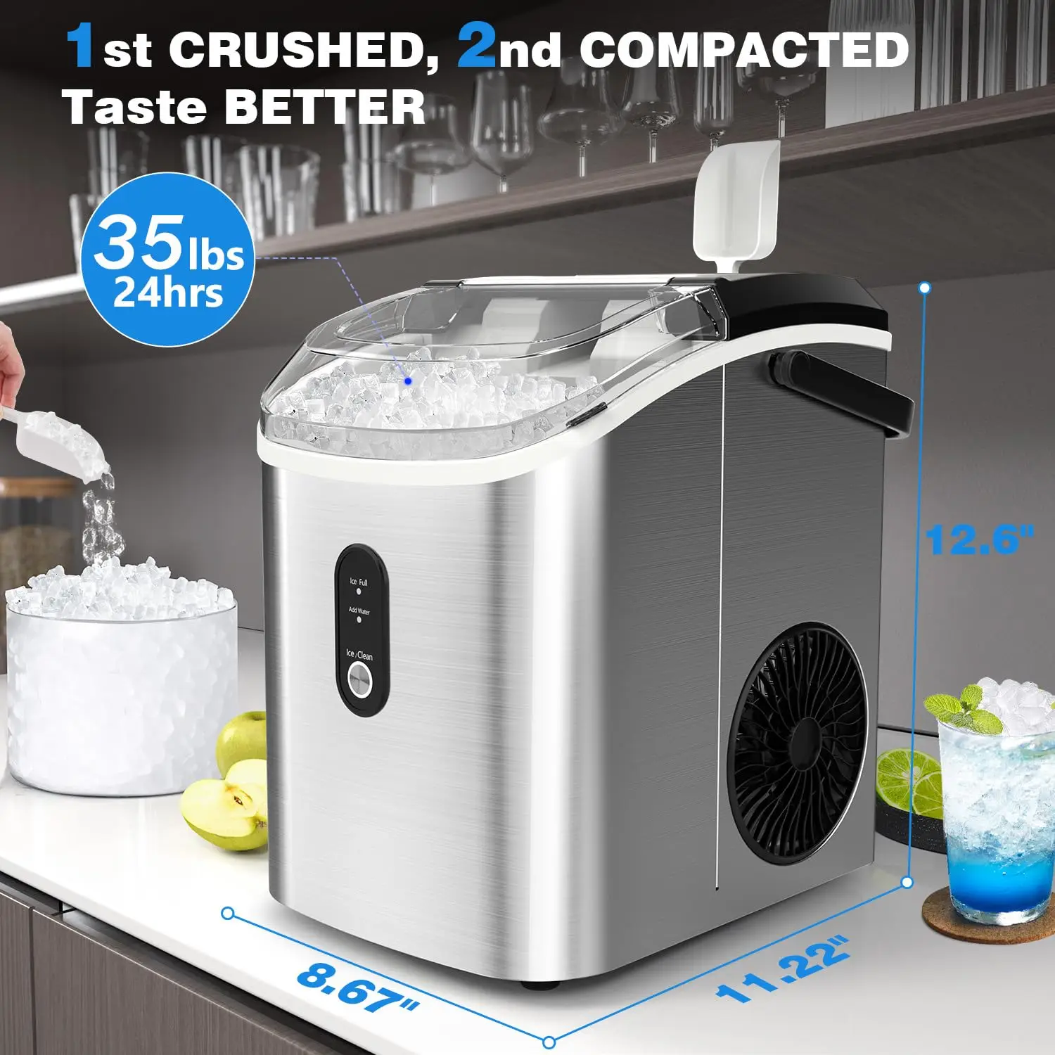 Kndko Nugget Bancada IceMaker com gelo mastigável, Fabricação de gelo rápida, Auto-limpeza bancada Ice Ma Maker, 35Lbs/Day